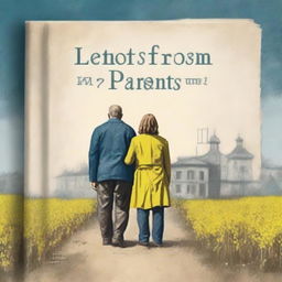 Create a book cover titled 'Letters from My Parents' featuring a poignant image of a family being separated because the father and mother are from opposite sides of the Ukraine-Russia war