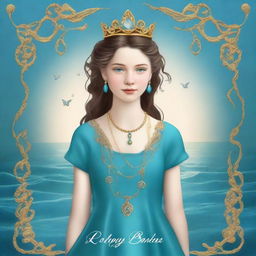 Design a book cover with a realistic full-body image of a 13-year-old girl in a sea blue dress embroidered with gold waves, pearl chain, sea glass pendant, French braid, and a pearl-dripping crown with a teardrop sapphire on her forehead