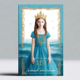 Design a book cover with a realistic full-body image of a 13-year-old girl in a sea blue dress embroidered with gold waves, pearl chain, sea glass pendant, French braid, and a pearl-dripping crown with a teardrop sapphire on her forehead