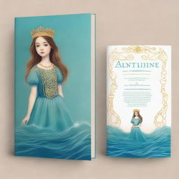 Design a book cover with a realistic full-body image of a 13-year-old girl in a sea blue dress embroidered with gold waves, pearl chain, sea glass pendant, French braid, and a pearl-dripping crown with a teardrop sapphire on her forehead