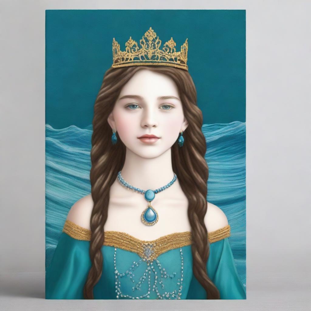 Design a book cover with a realistic full-body image of a 13-year-old girl in a sea blue dress embroidered with gold waves, pearl chain, sea glass pendant, French braid, and a pearl-dripping crown with a teardrop sapphire on her forehead