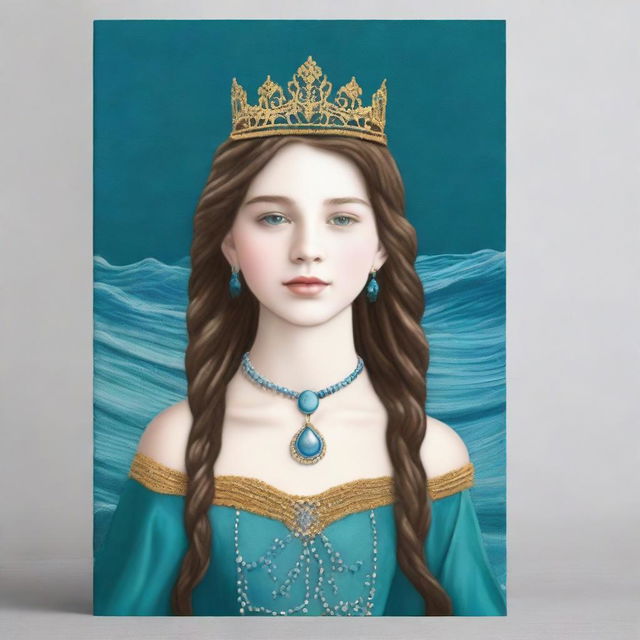 Design a book cover with a realistic full-body image of a 13-year-old girl in a sea blue dress embroidered with gold waves, pearl chain, sea glass pendant, French braid, and a pearl-dripping crown with a teardrop sapphire on her forehead