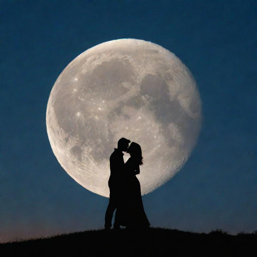 A full moon in the star-lit night sky, with a fluffy cloud forming the silhouette of two lovers sharing a romantic moment.