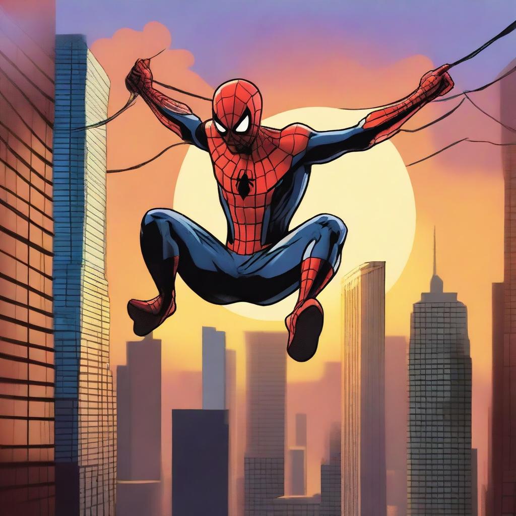 Create an image of Spider-Man swinging through the city with a dramatic sunset in the background, inspired by the concept of Spider-Man: Lotus 2