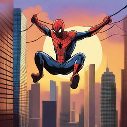 Create an image of Spider-Man swinging through the city with a dramatic sunset in the background, inspired by the concept of Spider-Man: Lotus 2