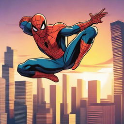 Create an image of Spider-Man swinging through the city with a dramatic sunset in the background, inspired by the concept of Spider-Man: Lotus 2