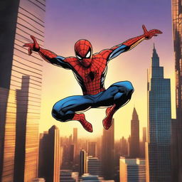 Create an image of Spider-Man swinging through the city with a dramatic sunset in the background, inspired by the concept of Spider-Man: Lotus 2