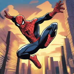 Create an image of Spider-Man swinging through the city with a dramatic sunset in the background, inspired by the concept of Spider-Man: Lotus 2