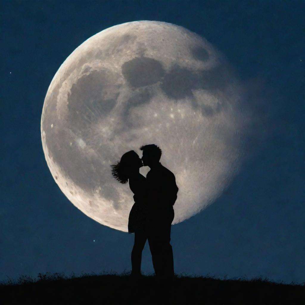 A full moon in the star-lit night sky, with a fluffy cloud forming the silhouette of two lovers sharing a romantic moment.