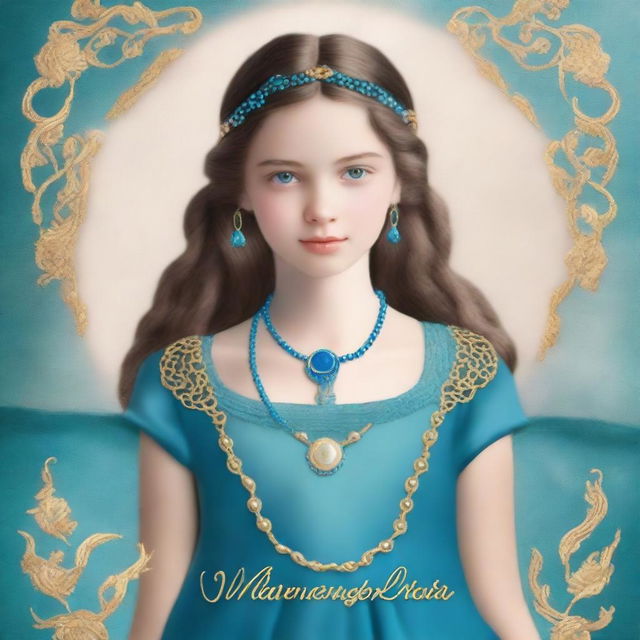 Design a book cover with a realistic full-body image of a 13-year-old girl in a sea blue dress embroidered with gold waves, pearl chain, sea glass pendant, French braid, and a pearl circlet with a teardrop sapphire on her forehead