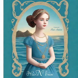 Design a book cover with a realistic full-body image of a 13-year-old girl in a sea blue dress embroidered with gold waves, pearl chain, sea glass pendant, French braid, and a pearl circlet with a teardrop sapphire on her forehead