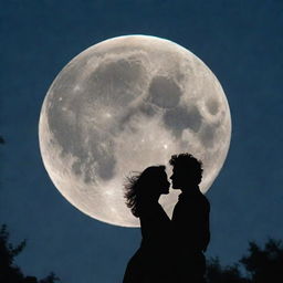 A full moon in the star-lit night sky, with a fluffy cloud forming the silhouette of two lovers sharing a romantic moment.