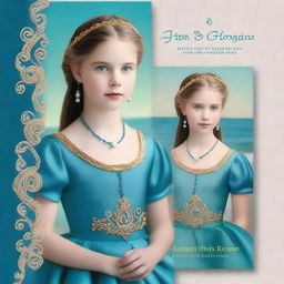 Design a book cover with a realistic full-body image of a 13-year-old girl in a sea blue dress embroidered with gold waves, pearl chain, sea glass pendant, French braid, and a pearl circlet with a teardrop sapphire on her forehead