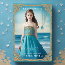 Design a book cover with a realistic full-body image of a 13-year-old girl in a sea blue dress embroidered with gold waves, pearl chain, sea glass pendant, French braid, and a pearl circlet with a teardrop sapphire on her forehead