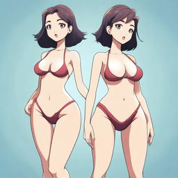 A provocative and sexy girl in a bathing suit, facing 3/4, in a cartoon style, full body shot