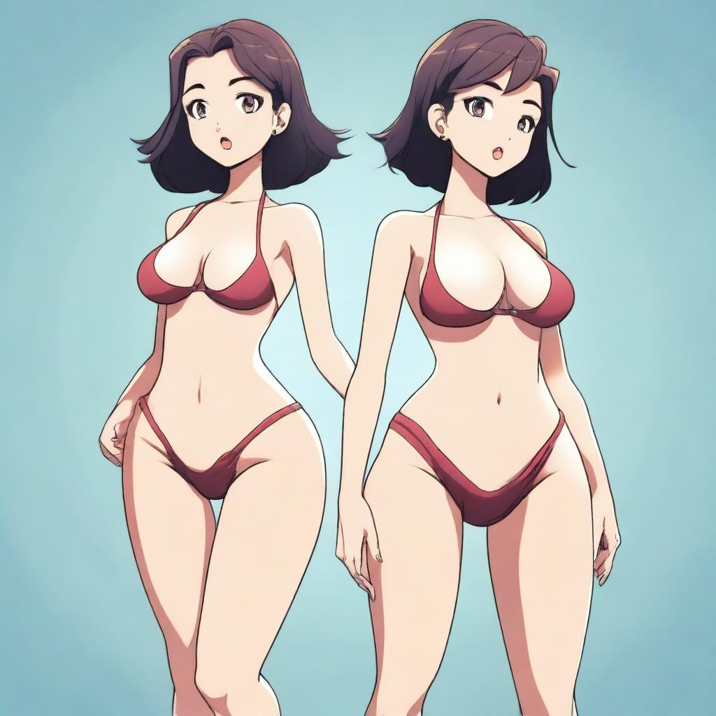 A provocative and sexy girl in a bathing suit, facing 3/4, in a cartoon style, full body shot