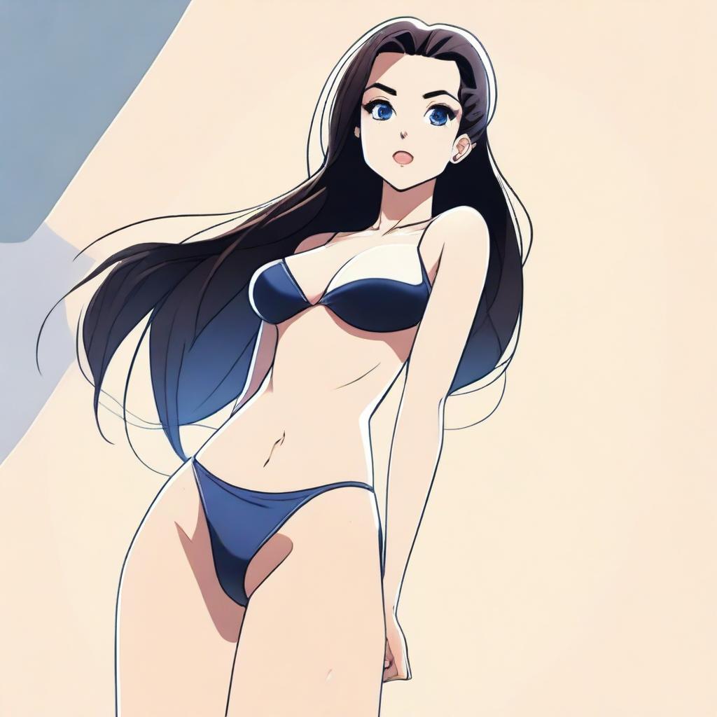 A provocative and sexy girl in a bathing suit, facing 3/4, in a cartoon style, full body shot