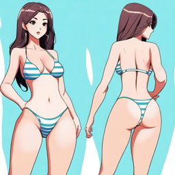 A provocative and sexy girl in a bathing suit, facing 3/4, in a cartoon style, full body shot