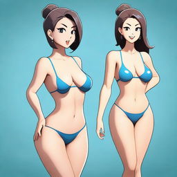 A provocative and sexy girl in a bathing suit, facing 3/4, in a cartoon style, full body shot