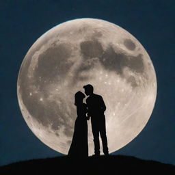 A full moon in the star-lit night sky, with a fluffy cloud forming the silhouette of two lovers sharing a romantic moment.