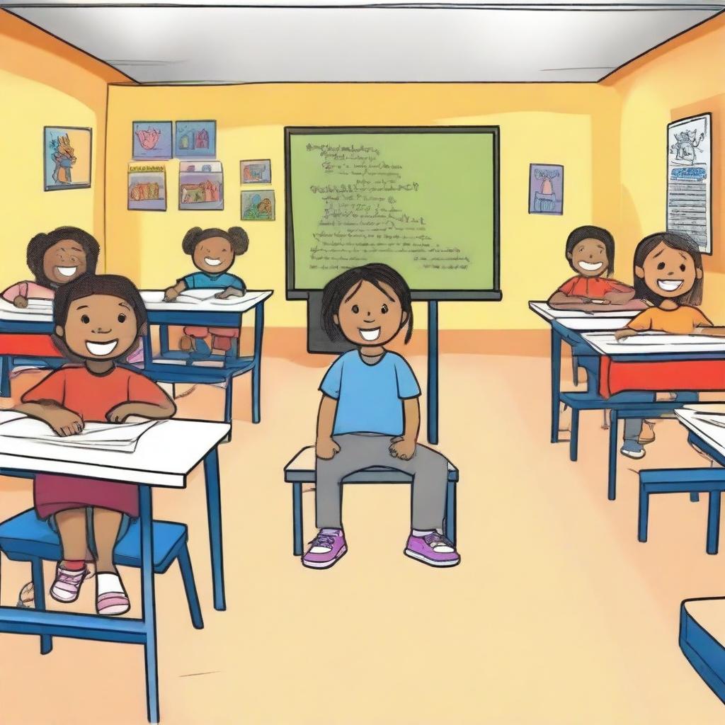 Uma criança chorando dentro de uma sala de aula, com mesas e cadeiras ao fundo, para um livro infantil