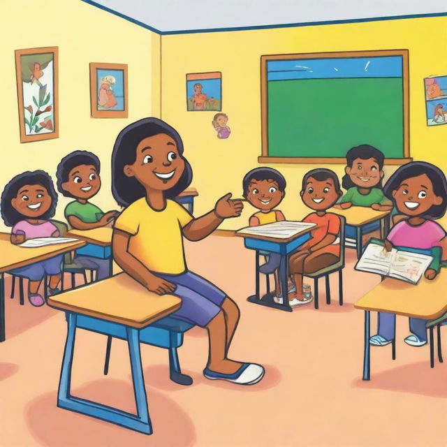 Uma criança chorando dentro de uma sala de aula, com mesas e cadeiras ao fundo, para um livro infantil