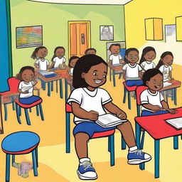 Uma criança chorando dentro de uma sala de aula, com mesas e cadeiras ao fundo, para um livro infantil