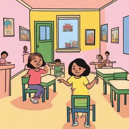 Uma criança chorando dentro de uma sala de aula, com mesas e cadeiras ao fundo, para um livro infantil