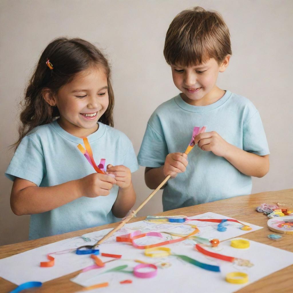 A simple-to-draw, warm scene of two kids joyfully decorating the old fishing rod with colorful ribbons and stickers, exuding a rich, youthful energy.