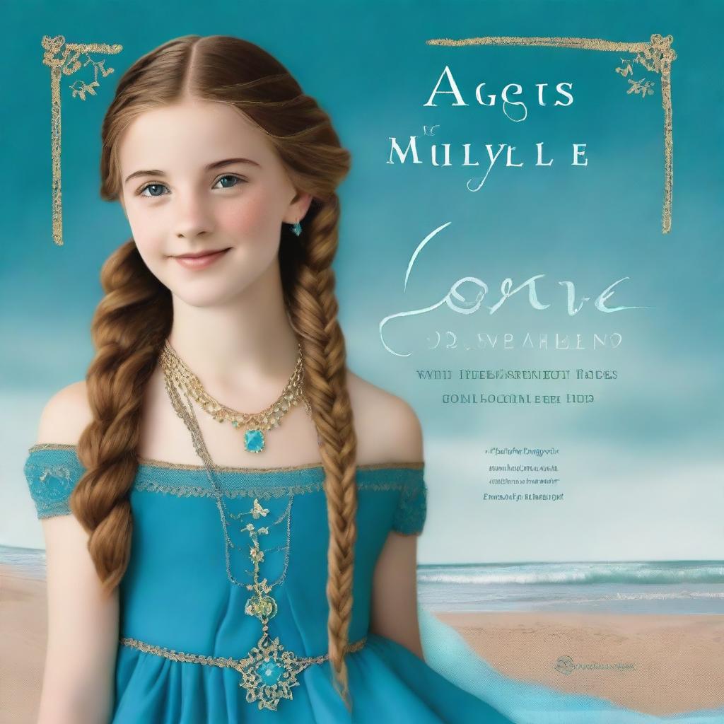 Design a book cover featuring a 13-year-old girl wearing a gorgeous, flowing sea blue dress embroidered with gold waves