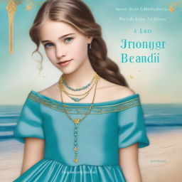 Design a book cover featuring a 13-year-old girl wearing a gorgeous, flowing sea blue dress embroidered with gold waves