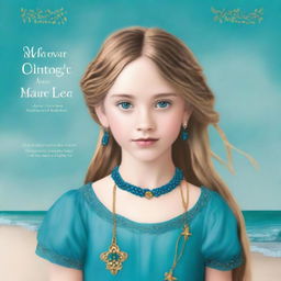 Design a book cover featuring a 13-year-old girl wearing a gorgeous, flowing sea blue dress embroidered with gold waves