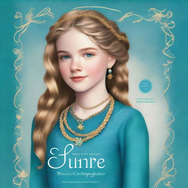 Design a book cover featuring a 13-year-old girl wearing a gorgeous, flowing sea blue dress embroidered with gold waves