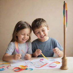 A simple-to-draw, warm scene of two kids joyfully decorating the old fishing rod with colorful ribbons and stickers, exuding a rich, youthful energy.