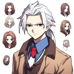 A guy with long white hair tied in a ponytail, a calm and cold expression on his face, dark blue eyes, wearing a school uniform with a brown jacket, a white shirt, dark pants, and dark gray boots