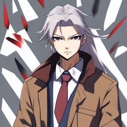 A guy with long white hair tied in a ponytail, a calm and cold expression on his face, dark blue eyes, wearing a school uniform with a brown jacket, a white shirt, dark pants, and dark gray boots