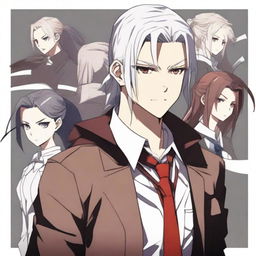 A guy with long white hair tied in a ponytail, a calm and cold expression on his face, dark blue eyes, wearing a school uniform with a brown jacket, a white shirt, dark pants, and dark gray boots