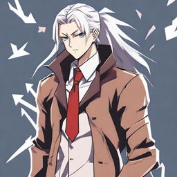 A guy with long white hair tied in a ponytail, a calm and cold expression on his face, dark blue eyes, wearing a school uniform with a brown jacket, a white shirt, dark pants, and dark gray boots