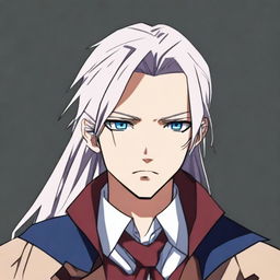 Anime style image of a guy with long white hair tied in a ponytail, a calm and cold expression on his face, dark blue eyes, wearing a school uniform with a brown jacket, a white shirt, dark pants, and dark gray boots