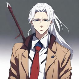 Anime style image of a guy with long white hair tied in a ponytail, a calm and cold expression on his face, dark blue eyes, wearing a school uniform with a brown jacket, a white shirt, dark pants, and dark gray boots