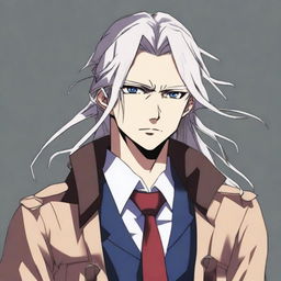 Anime style image of a guy with long white hair tied in a ponytail, a calm and cold expression on his face, dark blue eyes, wearing a school uniform with a brown jacket, a white shirt, dark pants, and dark gray boots