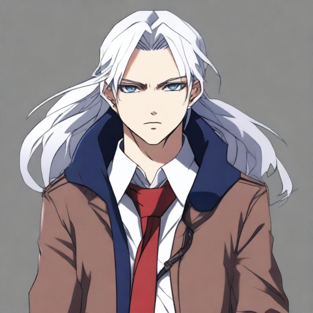 Anime style image of a guy with long white hair tied in a ponytail, a calm and cold expression on his face, dark blue eyes, wearing a school uniform with a brown jacket, a white shirt, dark pants, and dark gray boots