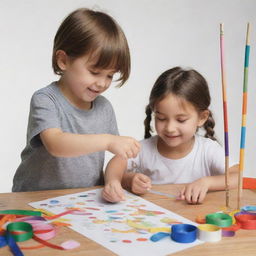 A simple-to-draw, warm scene of two kids joyfully decorating the old fishing rod with colorful ribbons and stickers, exuding a rich, youthful energy.