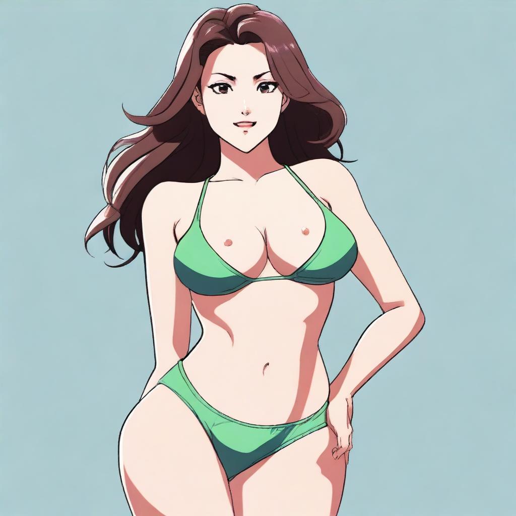 A provocative and sexy girl in a bathing suit, facing 3/4, in a cartoon style, with large breasts, full body shot