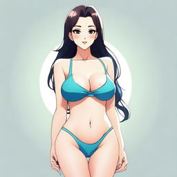 A provocative and sexy girl in a bathing suit, facing 3/4, in a cartoon style, with large breasts, full body shot