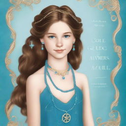 Design a book cover featuring a 13-year-old girl wearing a gorgeous, flowing sea blue dress embroidered with gold waves