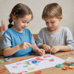 A simple-to-draw, warm scene of two kids joyfully decorating the old fishing rod with colorful ribbons and stickers, exuding a rich, youthful energy.