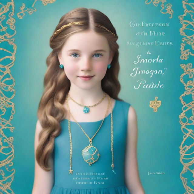 Design a book cover featuring a 13-year-old girl wearing a gorgeous, flowing sea blue dress embroidered with gold waves