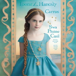 Design a book cover featuring a 13-year-old girl wearing a gorgeous, flowing sea blue dress embroidered with gold waves