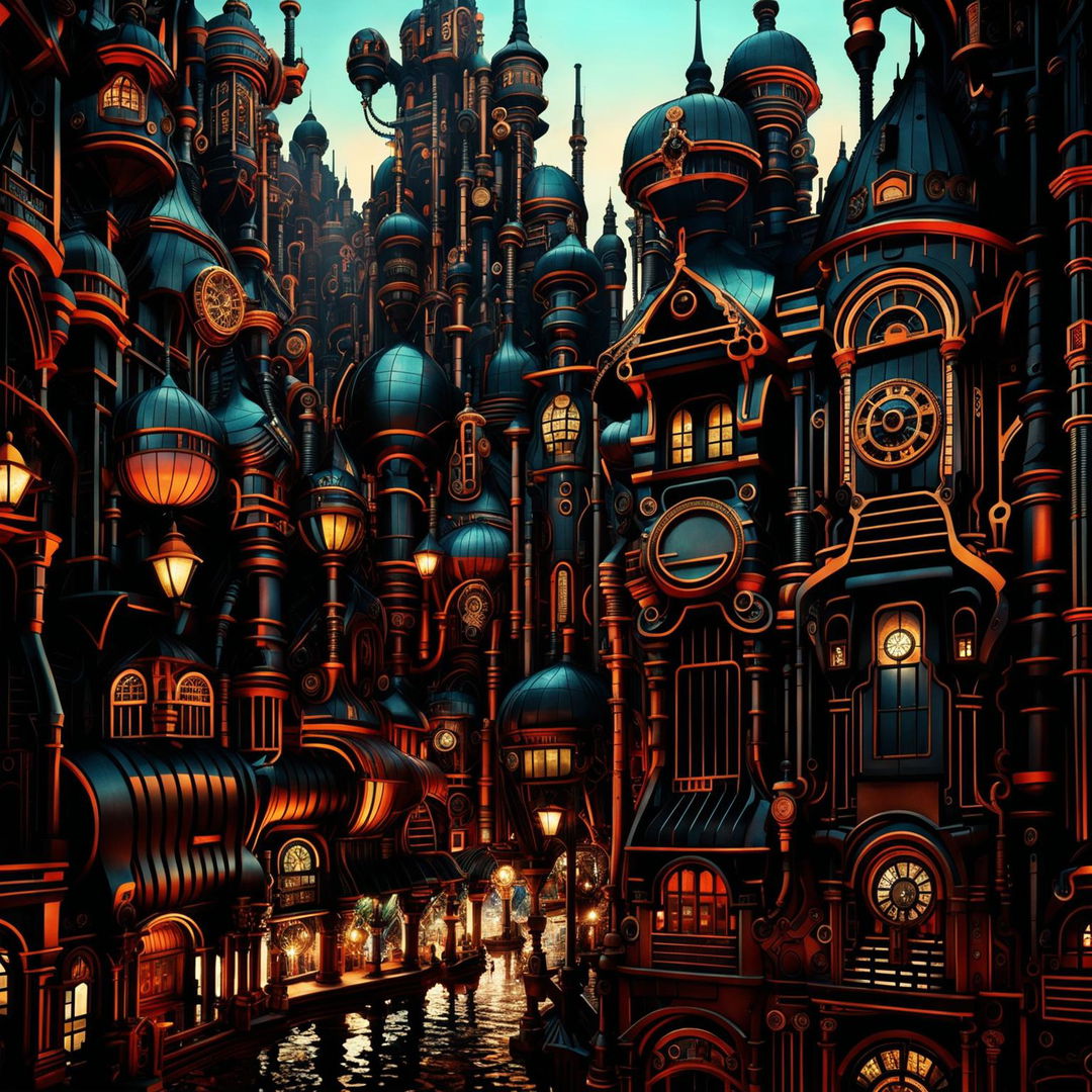 A cityscape blending cyberpunk and steampunk elements with skyscrapers, neon lights, airships, and citizens in mixed attire.